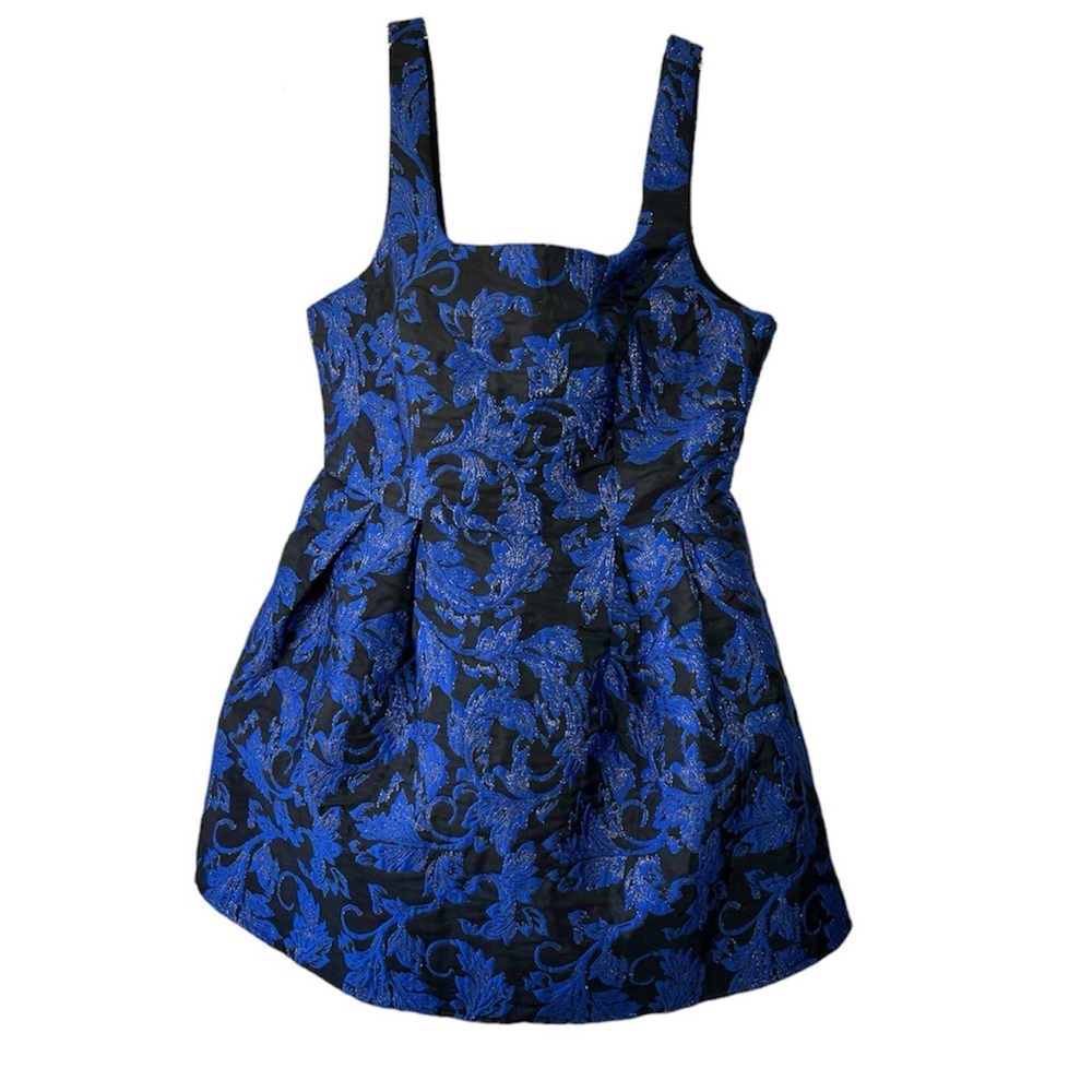 Lulus Women’s Royal Crush Blue Black Jacquard Print Skater Dress Size Large